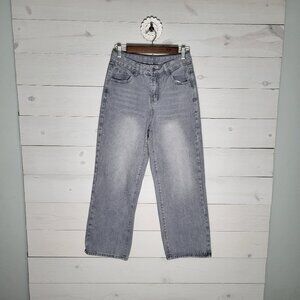 Dazy gray denim distressed wide leg jeans.